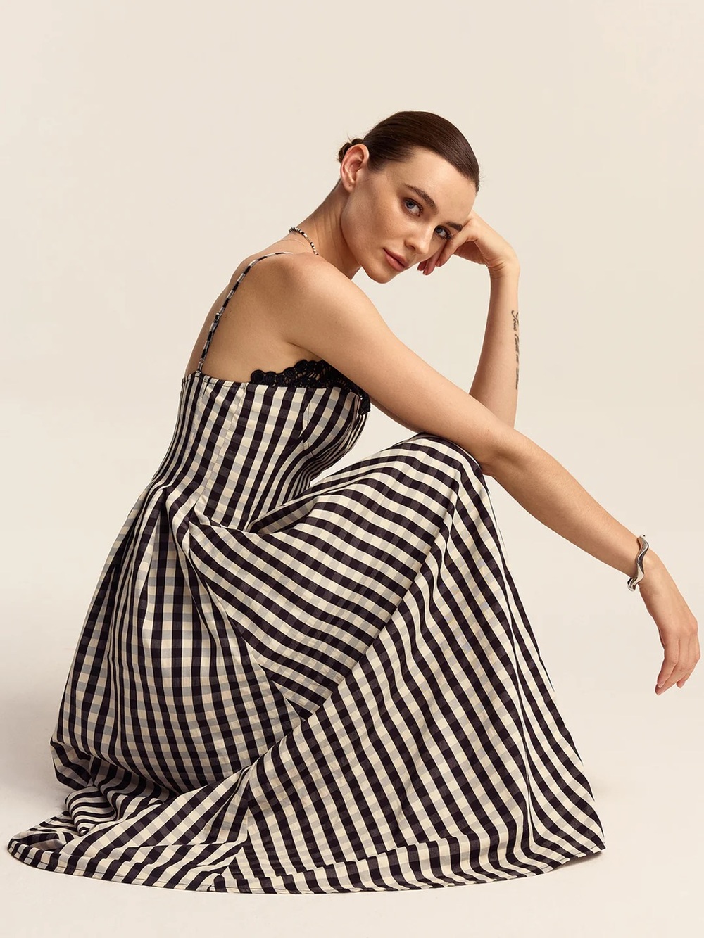 178 Gingham Spaghetti Strap Midi Dress with Lace Trim - Picture 4 of 6